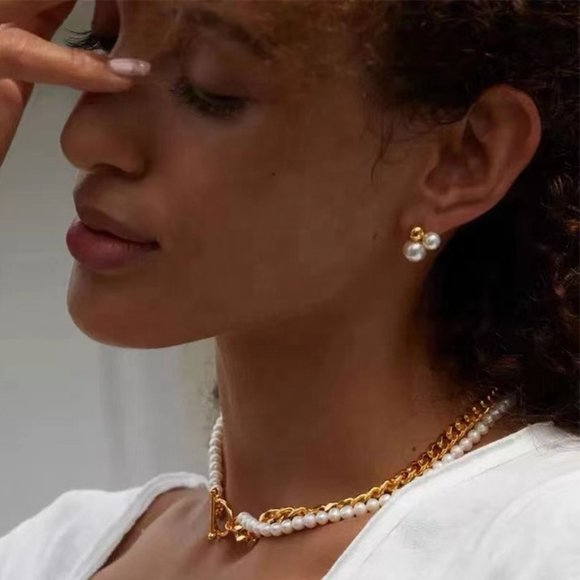 Pearl Gold Ball Cluster Stud Earrings 14K Gold Plated Stainless Steel - Picture 2 of 6